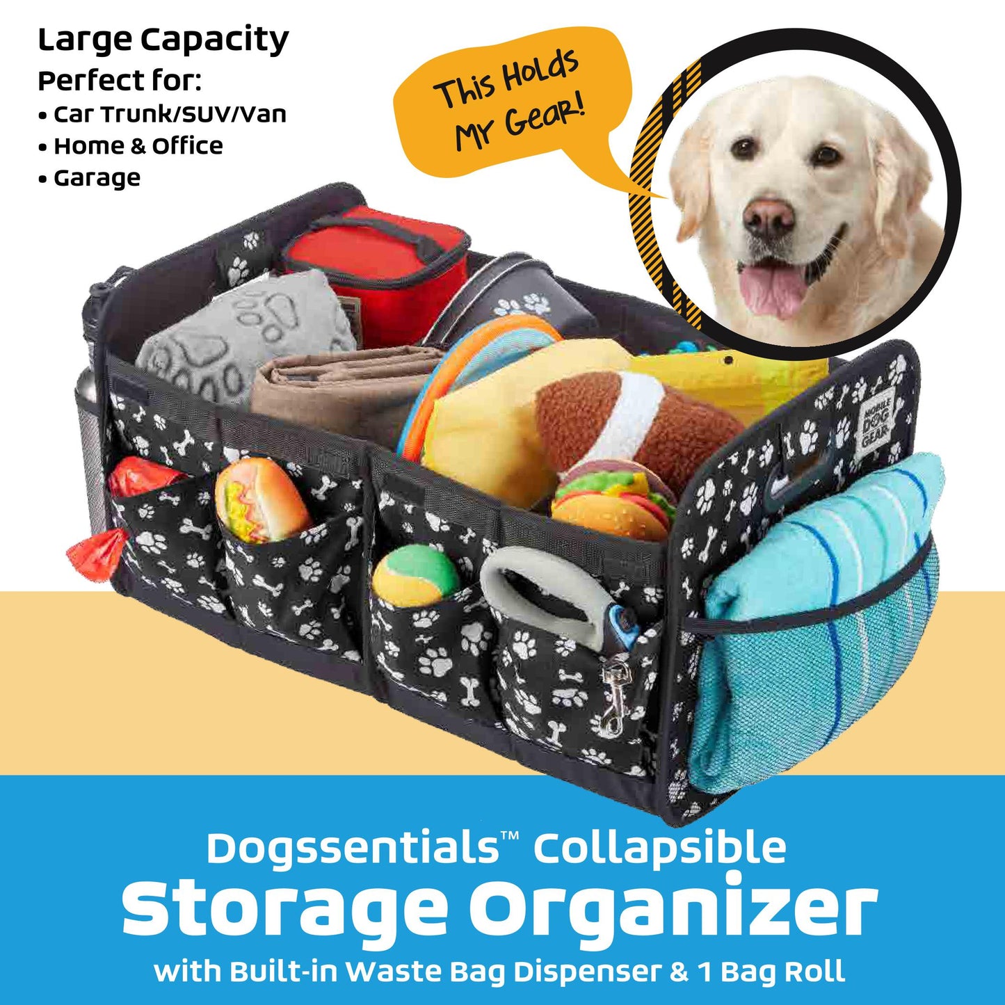 Dogssentials Collapsible Storage Organizer With Built-In Waste Bag Dispenser & 1 Bag Roll